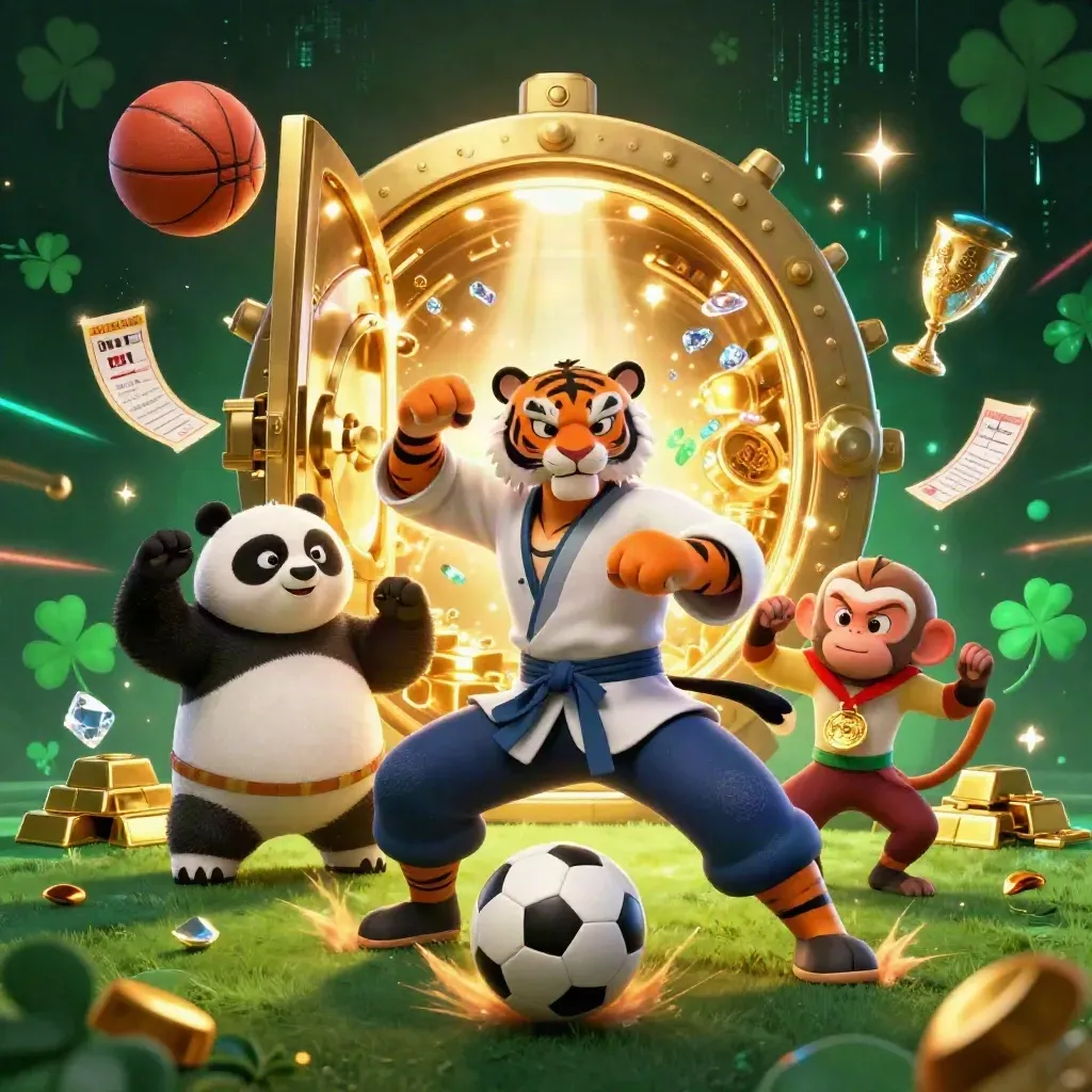 Kung-fu tijger, panda en aap rond een flitsende voetbal, goud en neon.
