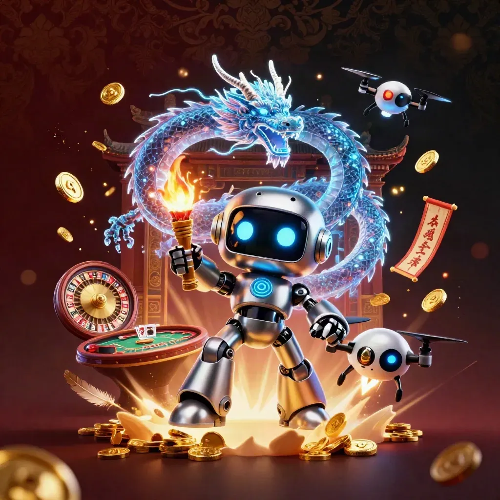 Robot, holografische draak en drone in luxe casinoscène met goud en lichtstralen.