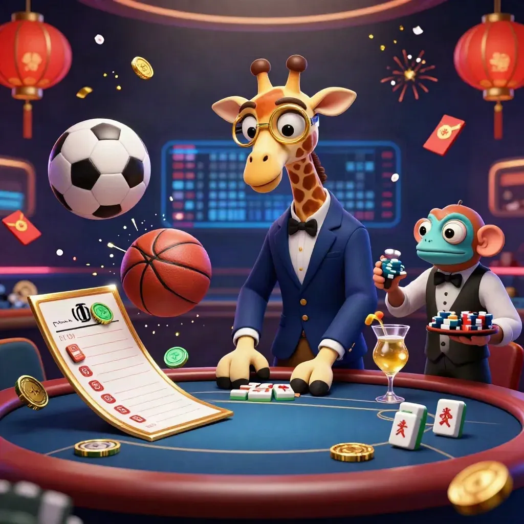 Giraffe, aap en kameleon in casino-luxe met sportballen, gouden kaarten en licht.