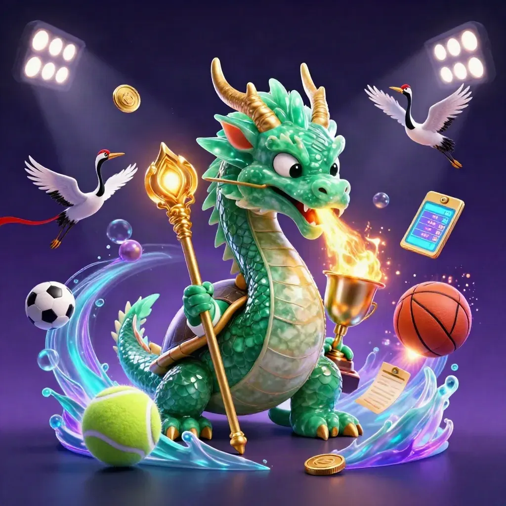Jade draak, schildpad en kraanvogels met zwevende ballen, goud en casino-licht.