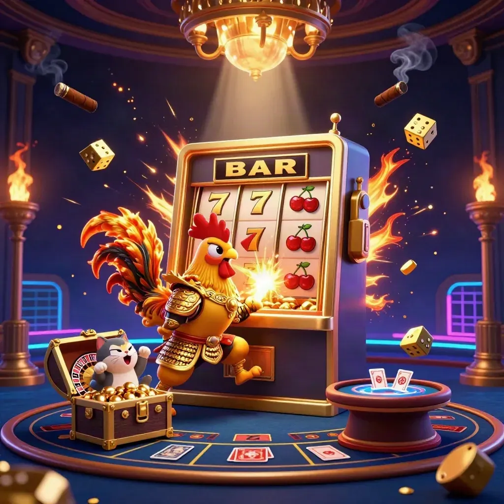 Haan, draakje en gelukskat in een neon casino vol goud, dobbelstenen en slotmachine.