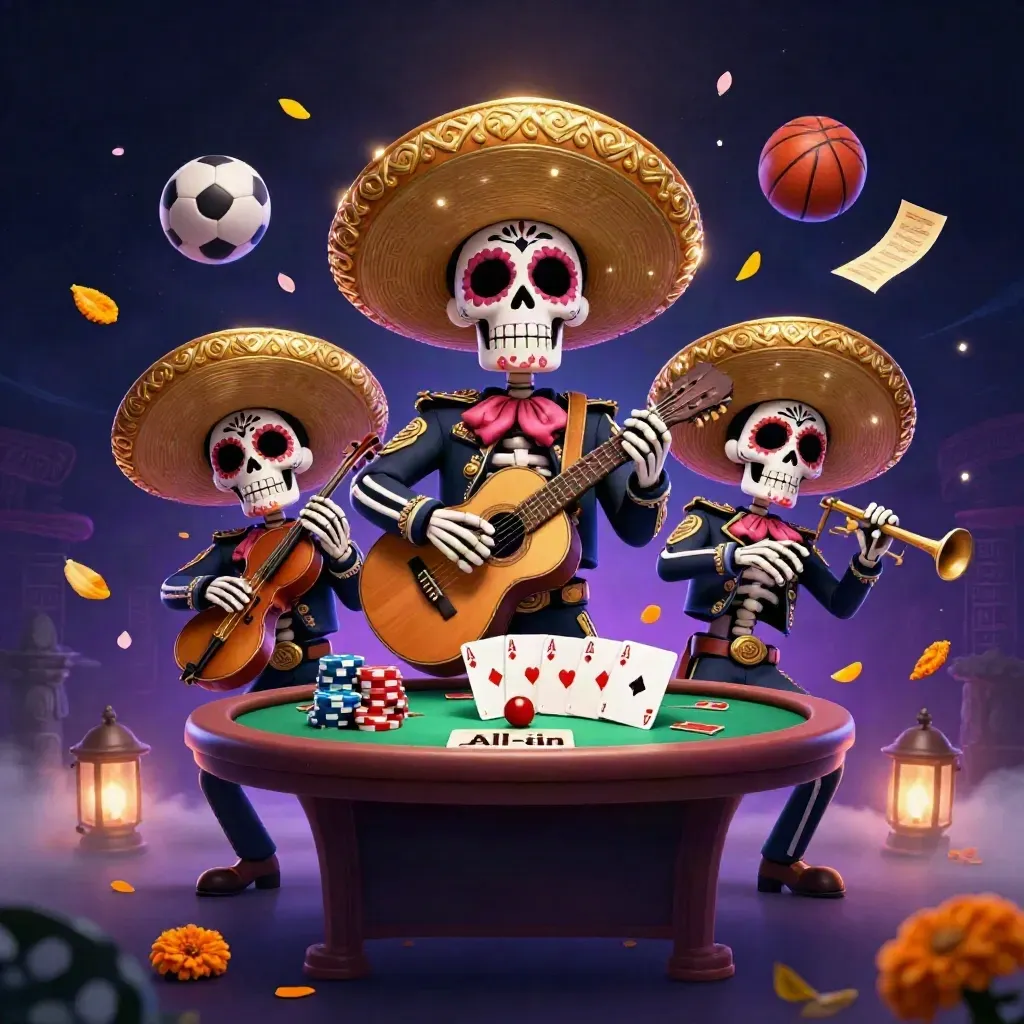 Skeletmariachi’s met pokerchips, kaarten en zwevende bal in neon casino-licht