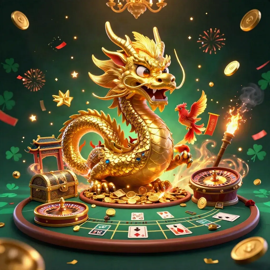 Gouden draak met feniks en koi in luxe casino, met roulette, vuurwerk en goudlicht.