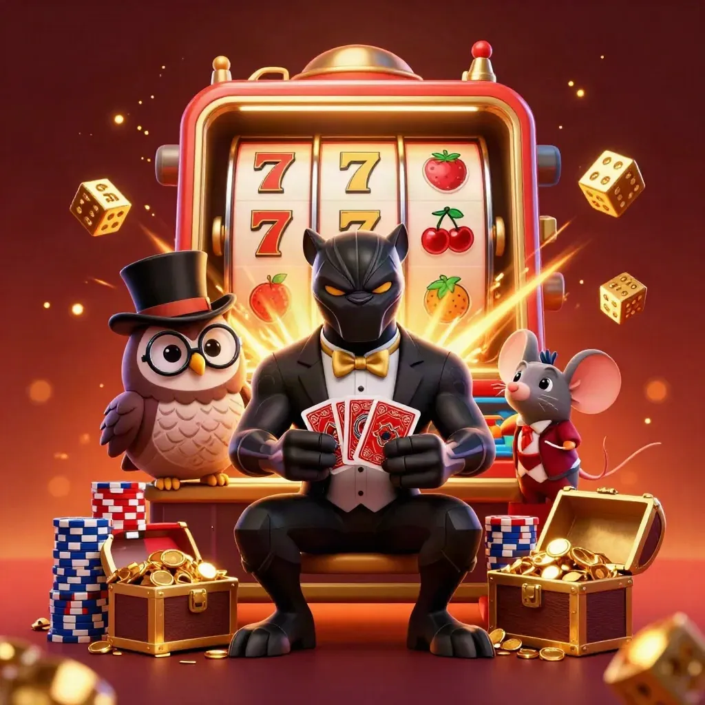 Panter, uil en muis tussen gouden fiches en een opengebroken gokkast in casino-glans
