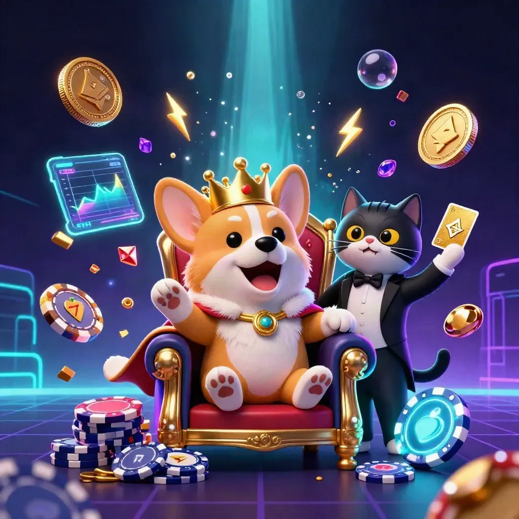 Rode koningscorgi op pokerchips met kattenbutler, munten, neon en jackpot-sfeer