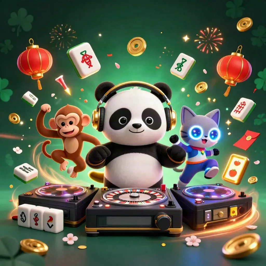 DJ-panda, dansende aap en glow-stick kitten in luxe casinofeest met goud en jade.