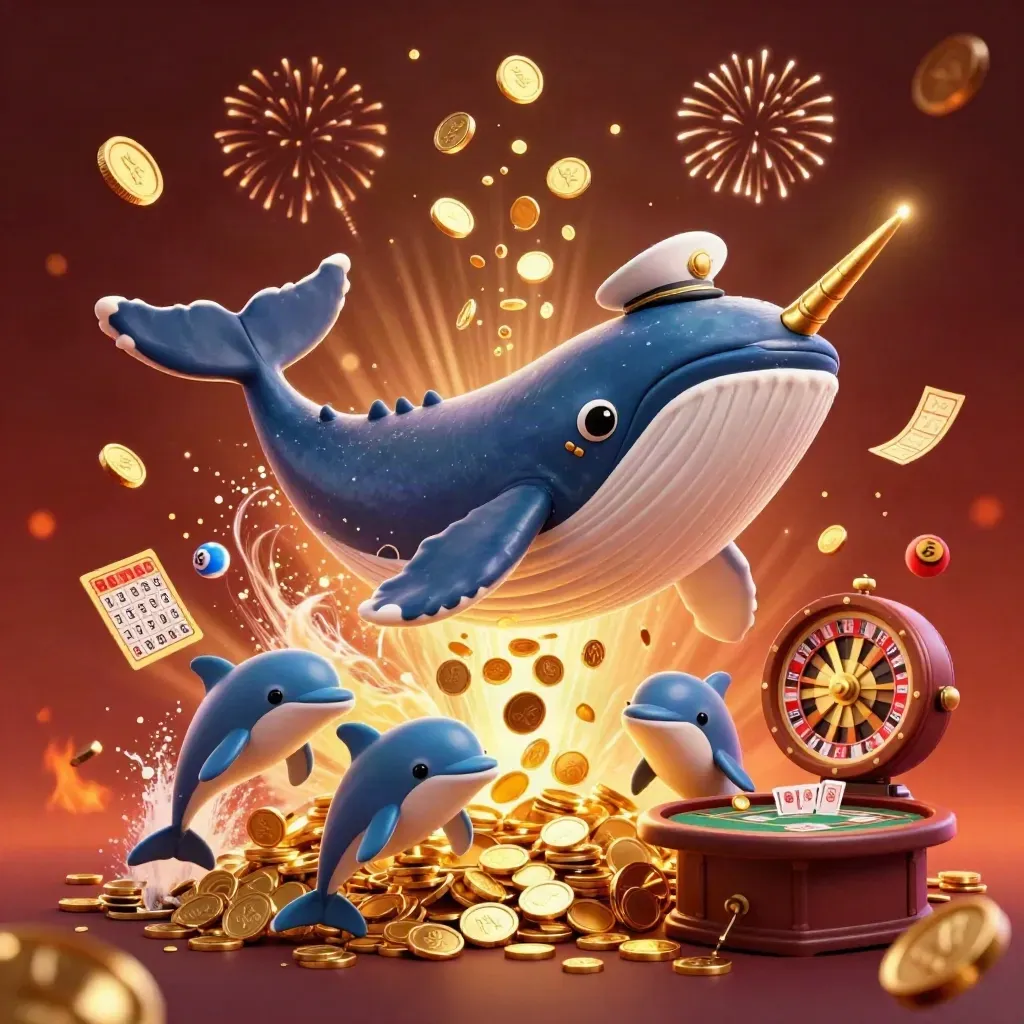 Wal, narwal en dolfijnen in een gouden casinoviering tussen munten en licht.