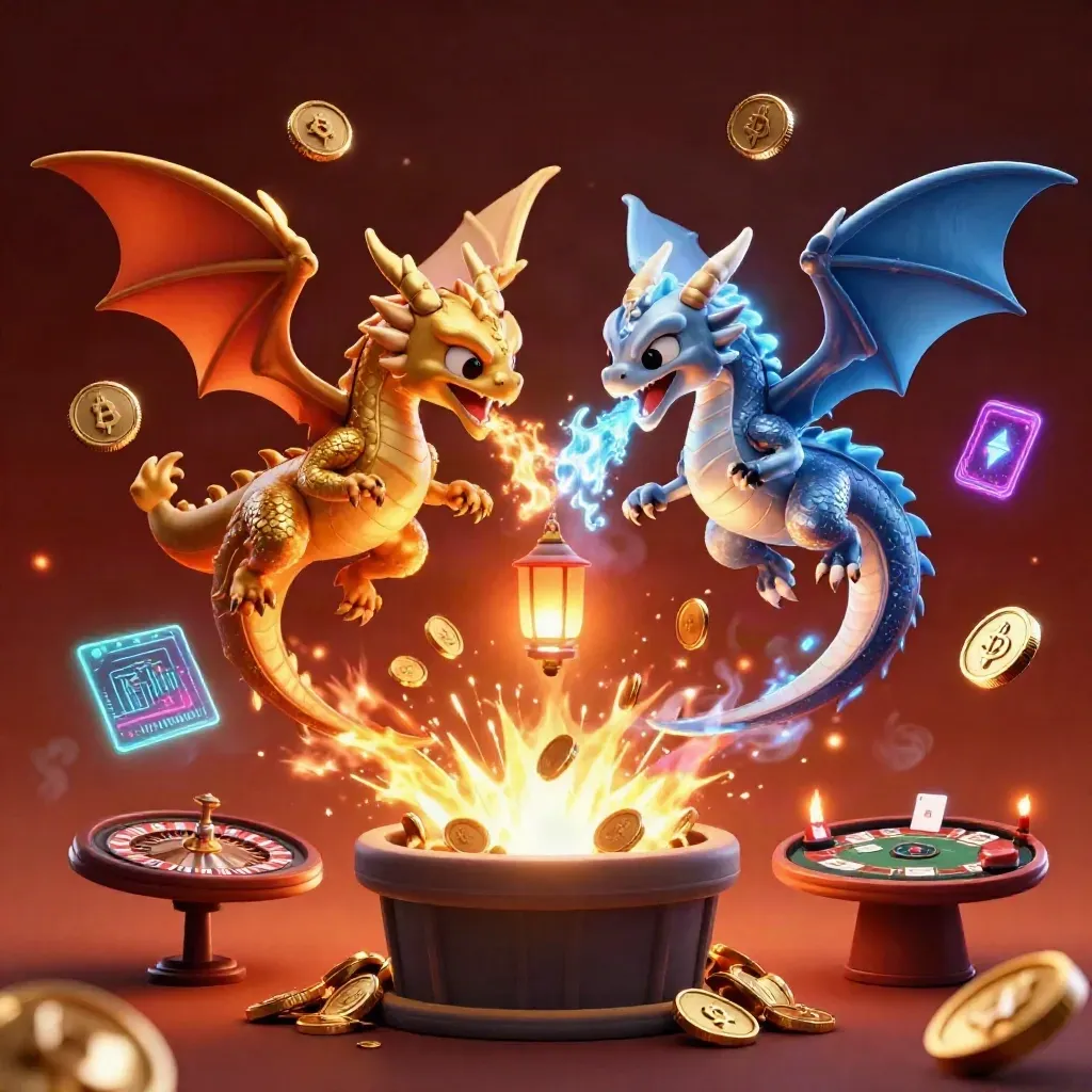 Twee draakjes omringen een schatexplosie met munten, vonken en casinospellen in luxe neonstijl.
