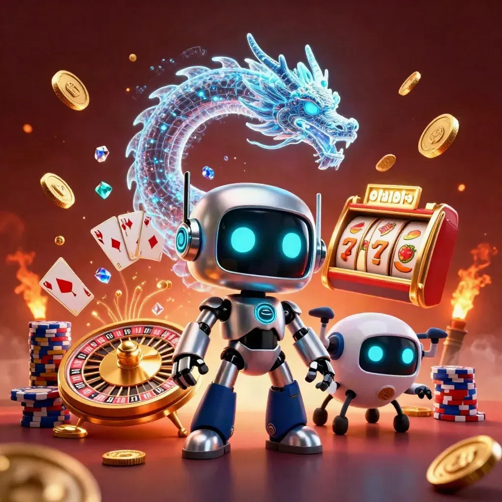 Cyberpunk robot, holografische draak en drone met casino-effecten in neonstijl