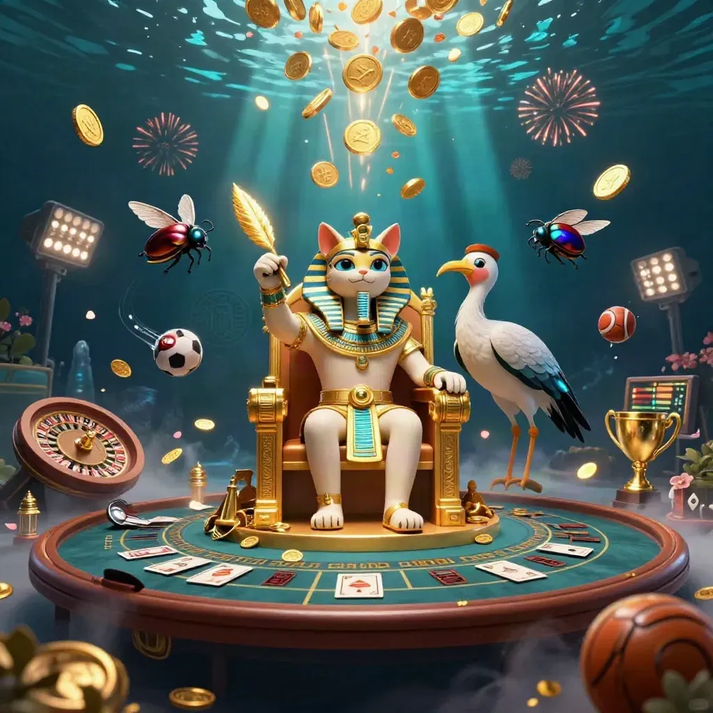Pharaohkat, ibis en scarabeeën vieren met goud, kaarten en sportballen