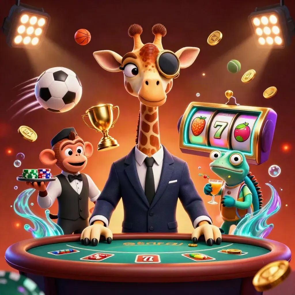 3D giraffe in pak aan pokertafel, met aap en kameleon, munten, ballen en goksymbolen